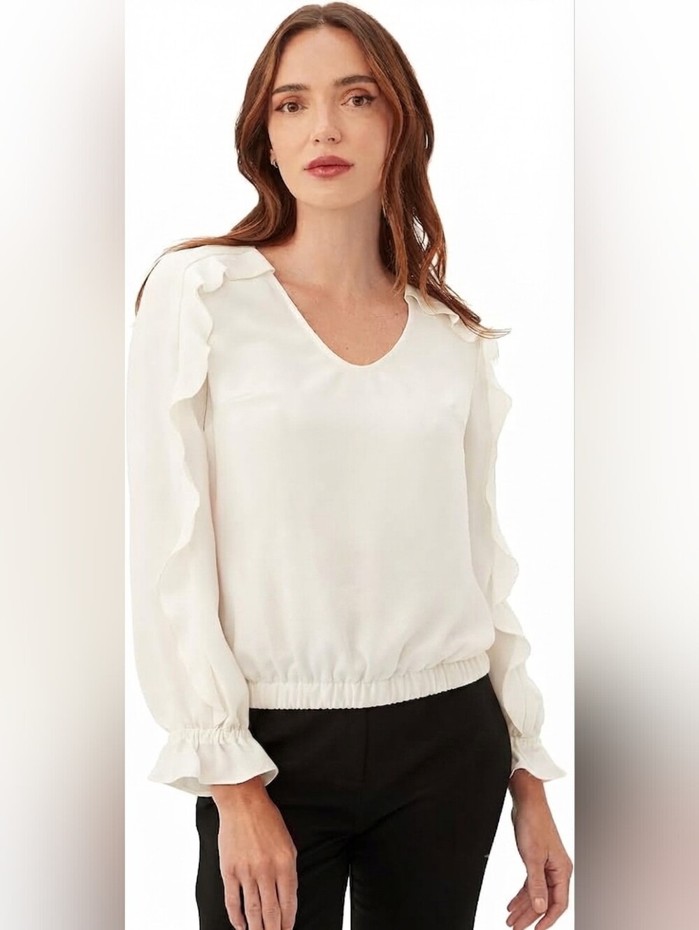 New York & Company Cream Ruffle Sleeve V-Neck Blouse